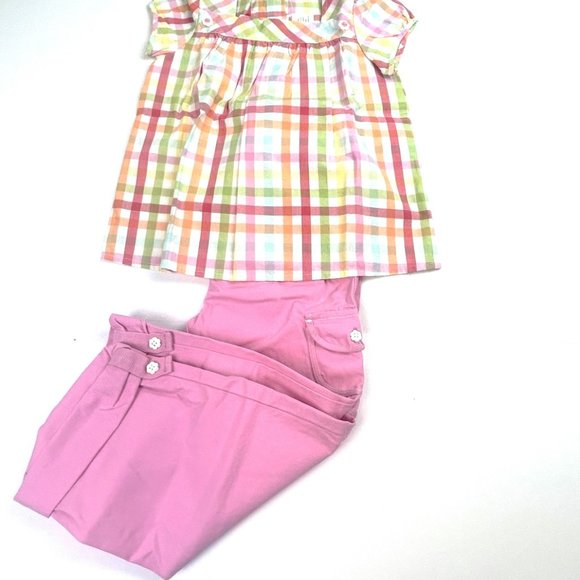 NWT Gymboree Girl Roll-Up Hem Capri Pant & Rainbow Plaid Woven Top Size 5T - Picture 1 of 7